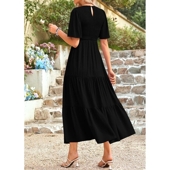 Women's Flowy Midi Dress Viscose Short Sleeve Smocked Tiered Casual Wear - Picture 2 of 5